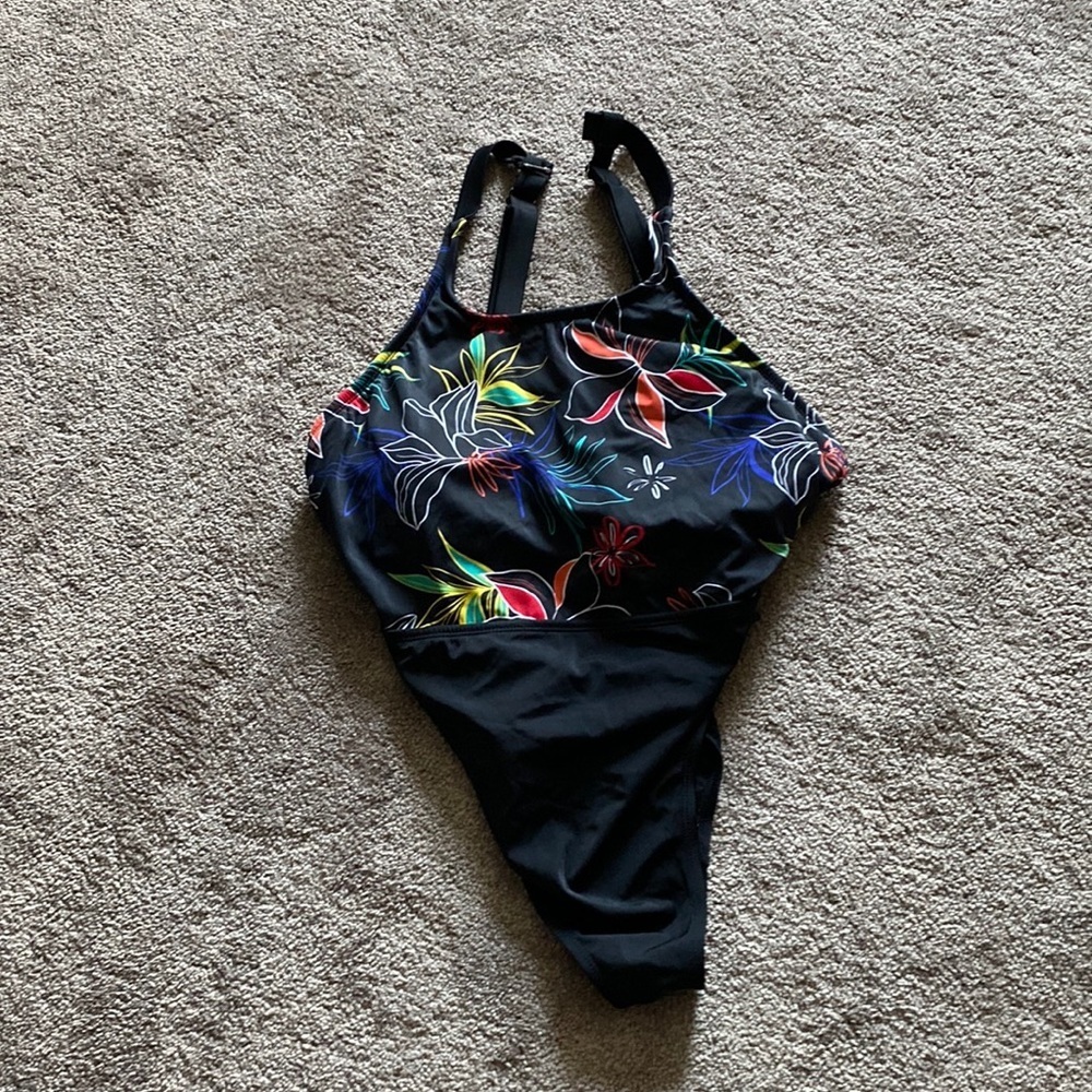 Eco Beach Floral One Piece Swimsuit Black Multi Adjustable Straps SIZE XL